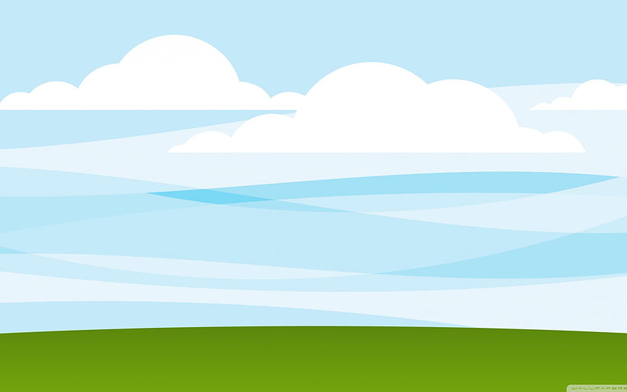 Minimalist Cartoon Landscape with Fluffy White Clouds and Green Grass Field HD wallpaper