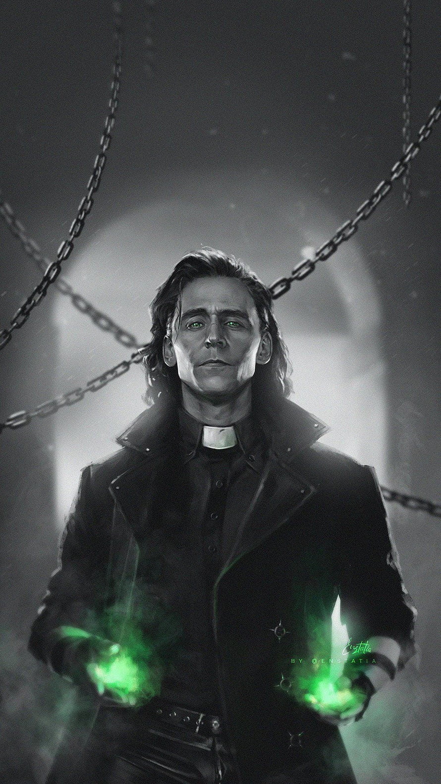 Loki as a priest casting green magic with chains in the background HD phone wallpaper