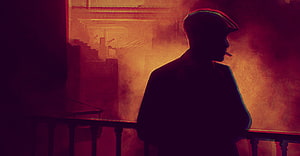 Peaky Blinders Tommy Shelby Silhouette on Balcony in Moody Red and Orange Light HD wallpaper