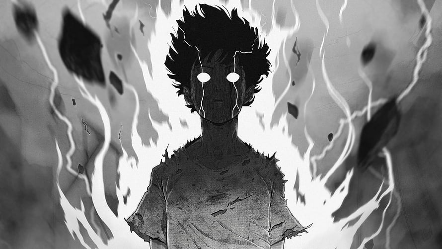 Shigeo Kageyama Unleashing Power in Mob Psycho 100 Black and White Anime Art HD wallpaper