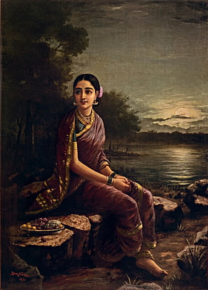Raja Ravi Varma's Radha in the Moonlight Oil Painting of a Seated Indian Woman, Radha in the Moonlight. Pundole's, Raja Ravi Varma HD phone wallpaper