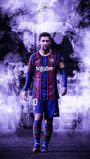 Lionel Messi in Barcelona Home Kit with Purple Smoke Background and Number 10 HD phone wallpaper