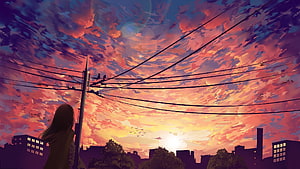 Anime Girl Silhouette Watching Vibrant Sunset Over City Skyline With Power Lines HD wallpaper