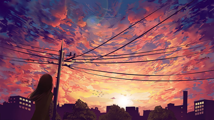 Anime Girl Silhouette Watching Vibrant Sunset Over City Skyline With Power Lines HD wallpaper