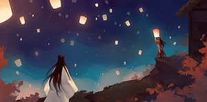 Two Figures Releasing Glowing Sky Lanterns Over a Misty Night Landscape HD wallpaper