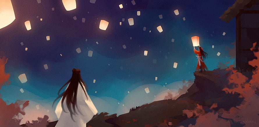 Two Figures Releasing Glowing Sky Lanterns Over a Misty Night Landscape HD wallpaper