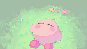 Cute Pink Kirby Sleeping Peacefully in a Lush Green Meadow with Flowers HD wallpaper
