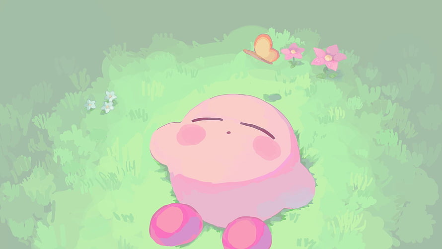 Cute Pink Kirby Sleeping Peacefully in a Lush Green Meadow with Flowers HD wallpaper