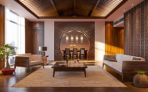 Contemporary Asian Living Room With Circular Moon Gate And Dark Wood Ceiling HD wallpaper