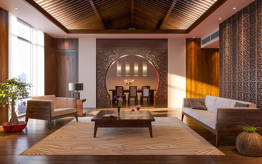 Contemporary Asian Living Room With Circular Moon Gate And Dark Wood Ceiling HD wallpaper
