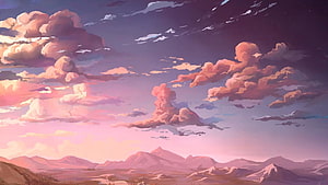 Anime Style Sunset Landscape With Pink Clouds And Distant Mountains HD wallpaper