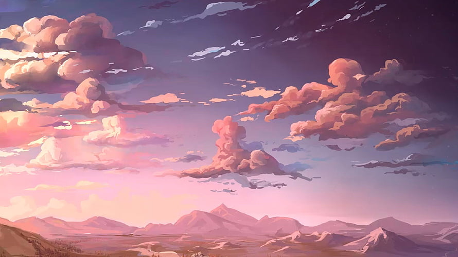 Anime Style Sunset Landscape With Pink Clouds And Distant Mountains HD wallpaper