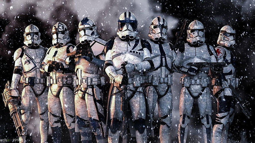 Star Wars 501st Legion Clone Troopers Standing in Snowy Battlefield HD wallpaper