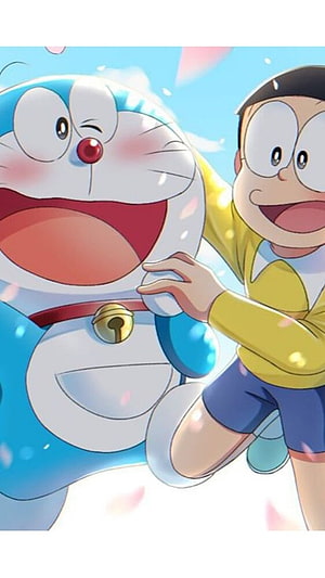 Doraemon and Nobita Running Together in a Joyful Anime Scene HD phone wallpaper