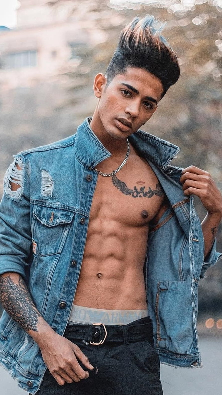 Danish Zehen in Distressed Denim Jacket with Exposed Torso and Tattoos HD phone wallpaper