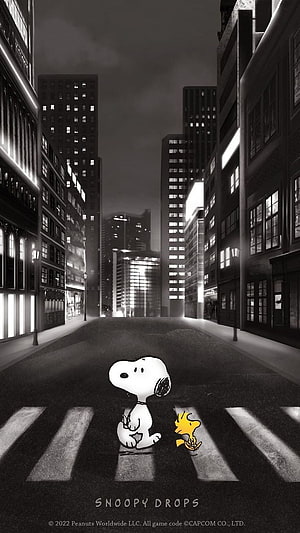 Snoopy and Woodstock in a moody black and white city street at night HD phone wallpaper
