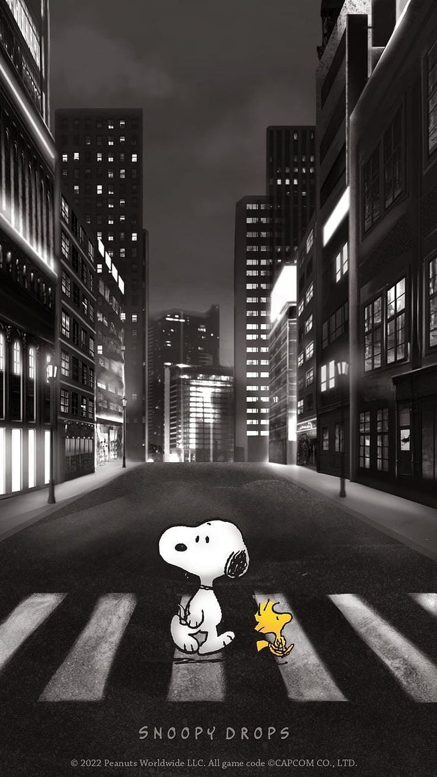 Snoopy and Woodstock in a moody black and white city street at night HD phone wallpaper