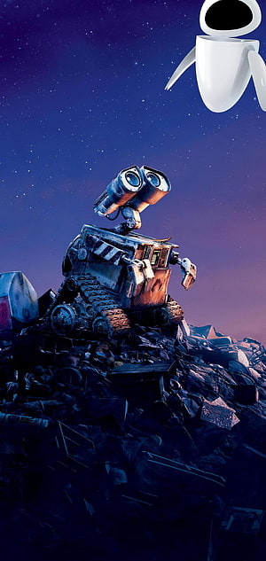Wall-E and EVE from Pixar's Wall-E Standing on a Junk Pile Under a Starry Night Sky HD phone wallpaper