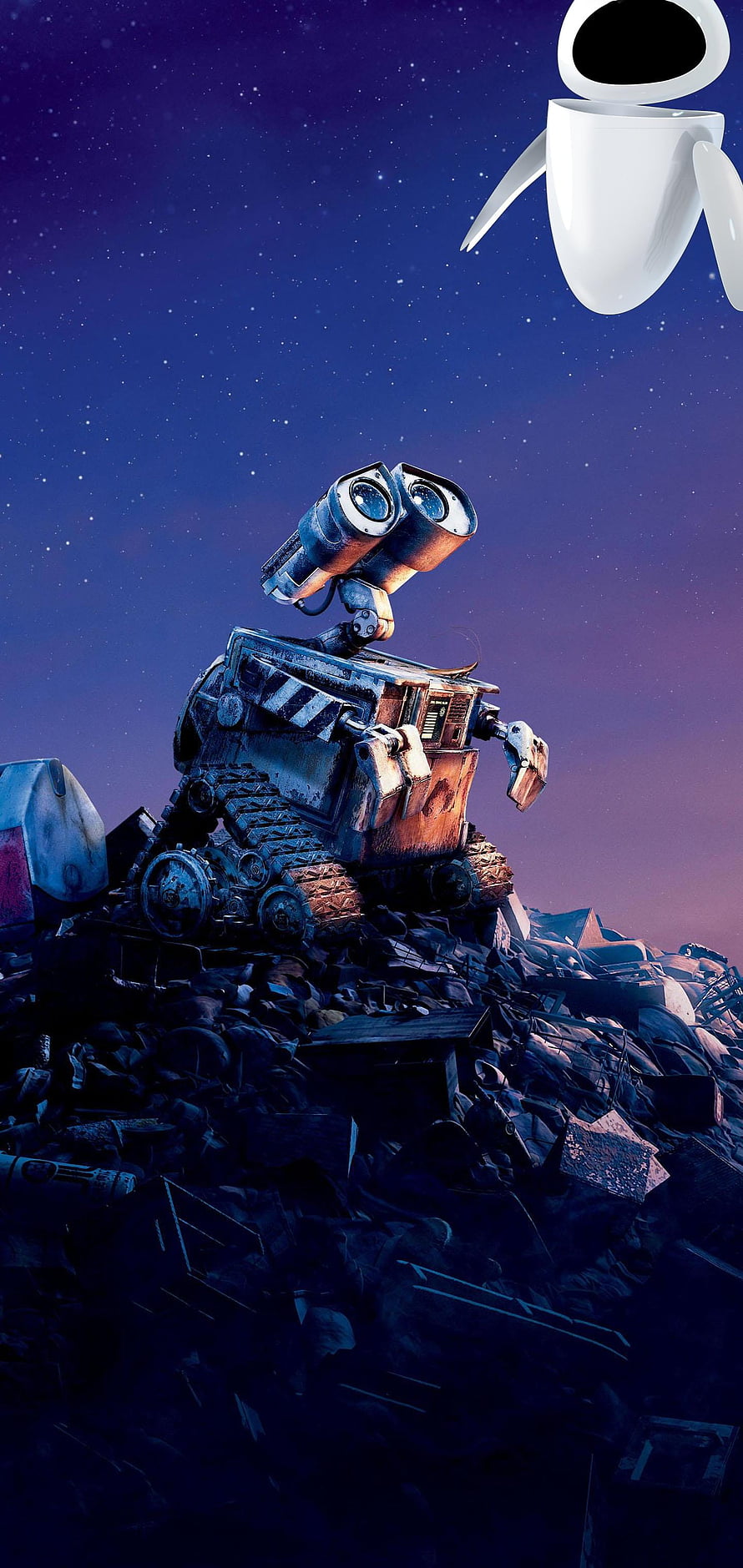 Wall-E and EVE from Pixar's Wall-E Standing on a Junk Pile Under a Starry Night Sky HD phone wallpaper