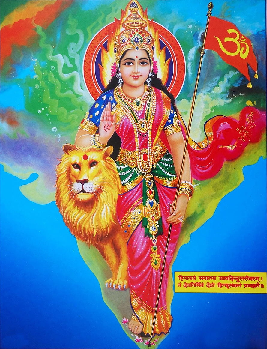 Bharat Mata Indian National Goddess Painting with Lion and Tricolor Flag HD phone wallpaper
