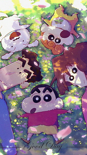 Crayon Shin-chan Family Lying in Flower Field with Shinnosuke, Misae, Hiroshi, and Shiro HD phone wallpaper