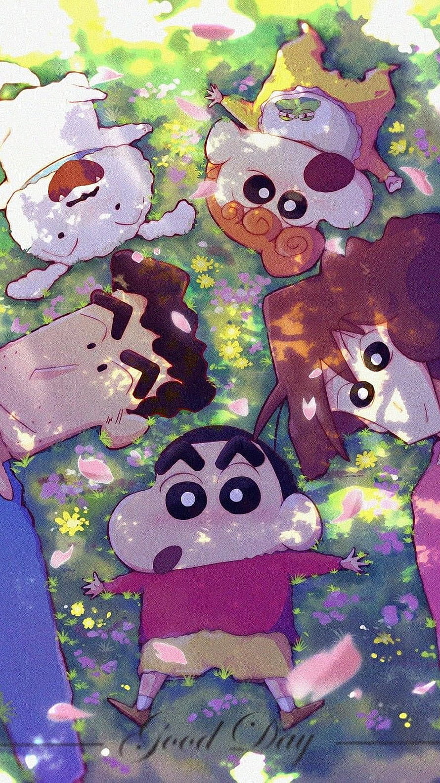 Crayon Shin-chan Family Lying in Flower Field with Shinnosuke, Misae, Hiroshi, and Shiro HD phone wallpaper