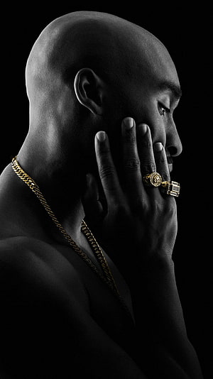 Tupac Shakur Black and White Portrait with Gold Chain and Ring HD phone wallpaper