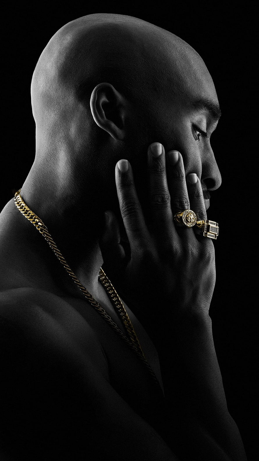 Tupac Shakur Black and White Portrait with Gold Chain and Ring HD phone wallpaper