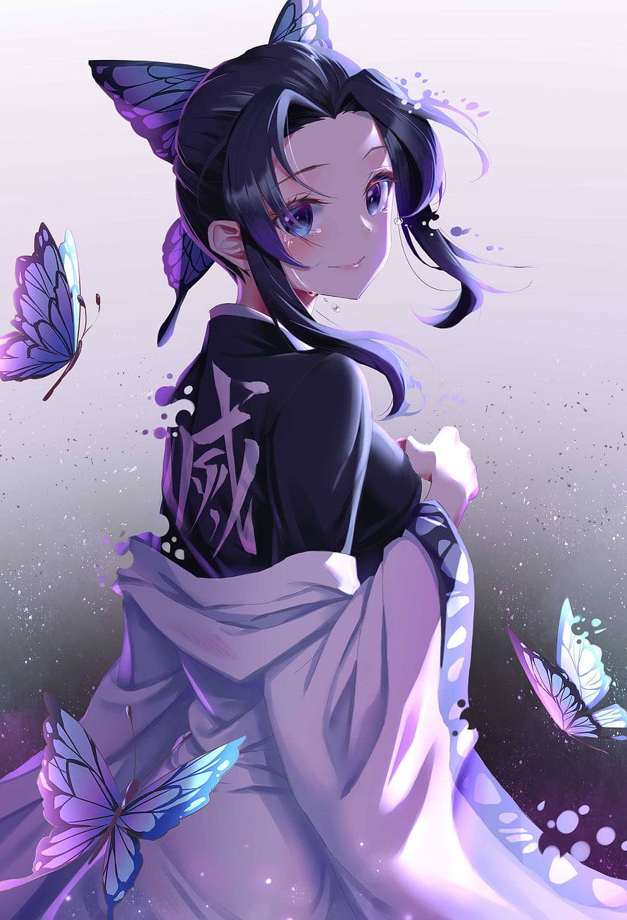 Shinobu Kocho Anime Character with Butterfly Wings and Purple Hair HD phone wallpaper