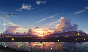 Anime Style Sunset Over Rice Paddies With Torii Gate And Fireflies HD wallpaper