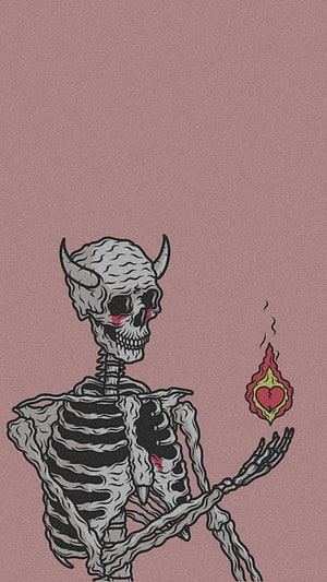 Horned Skeleton Holding a Burning Heart Flame on a Muted Pink Background HD phone wallpaper