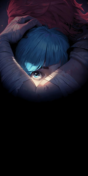 Blue-haired anime character with bandaged arms and glowing eye in dark moody atmosphere HD phone wallpaper