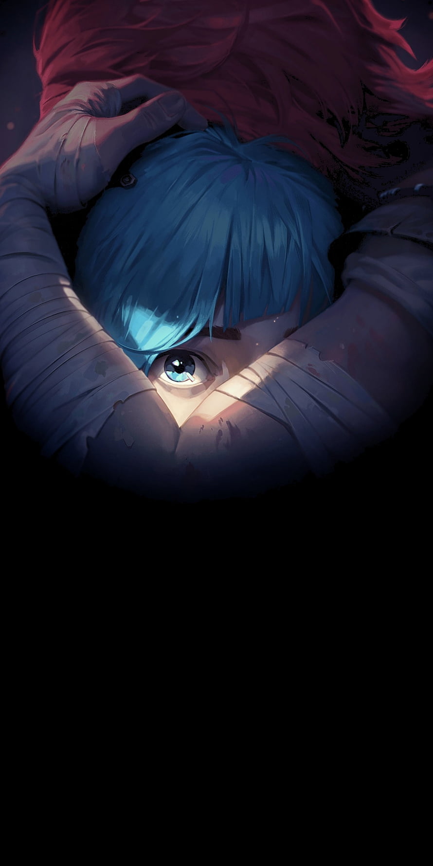 Blue-haired anime character with bandaged arms and glowing eye in dark moody atmosphere HD phone wallpaper