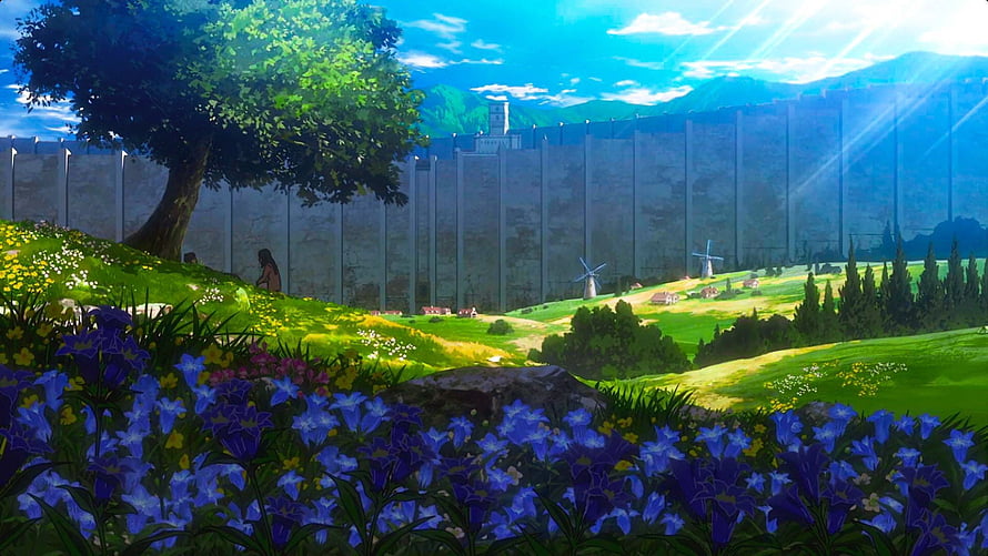 Attack on Titan Wall Rose Landscape with Blue Flowers and Windmills HD wallpaper