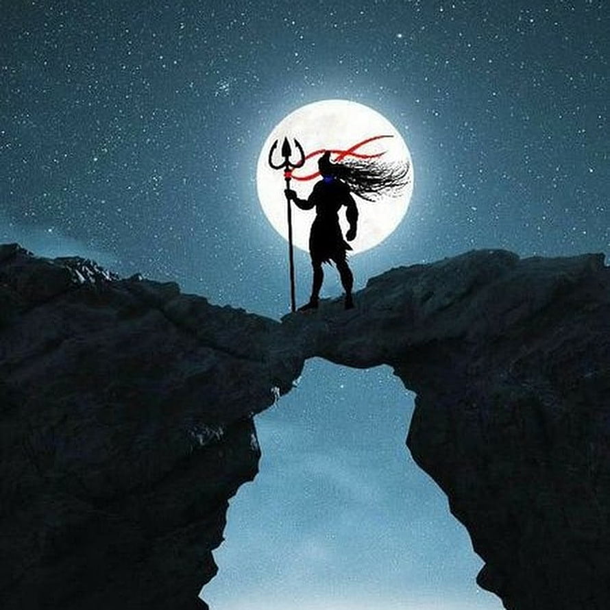Silhouette of a warrior holding a trident on a rocky arch under a full moon and starry night sky HD phone wallpaper