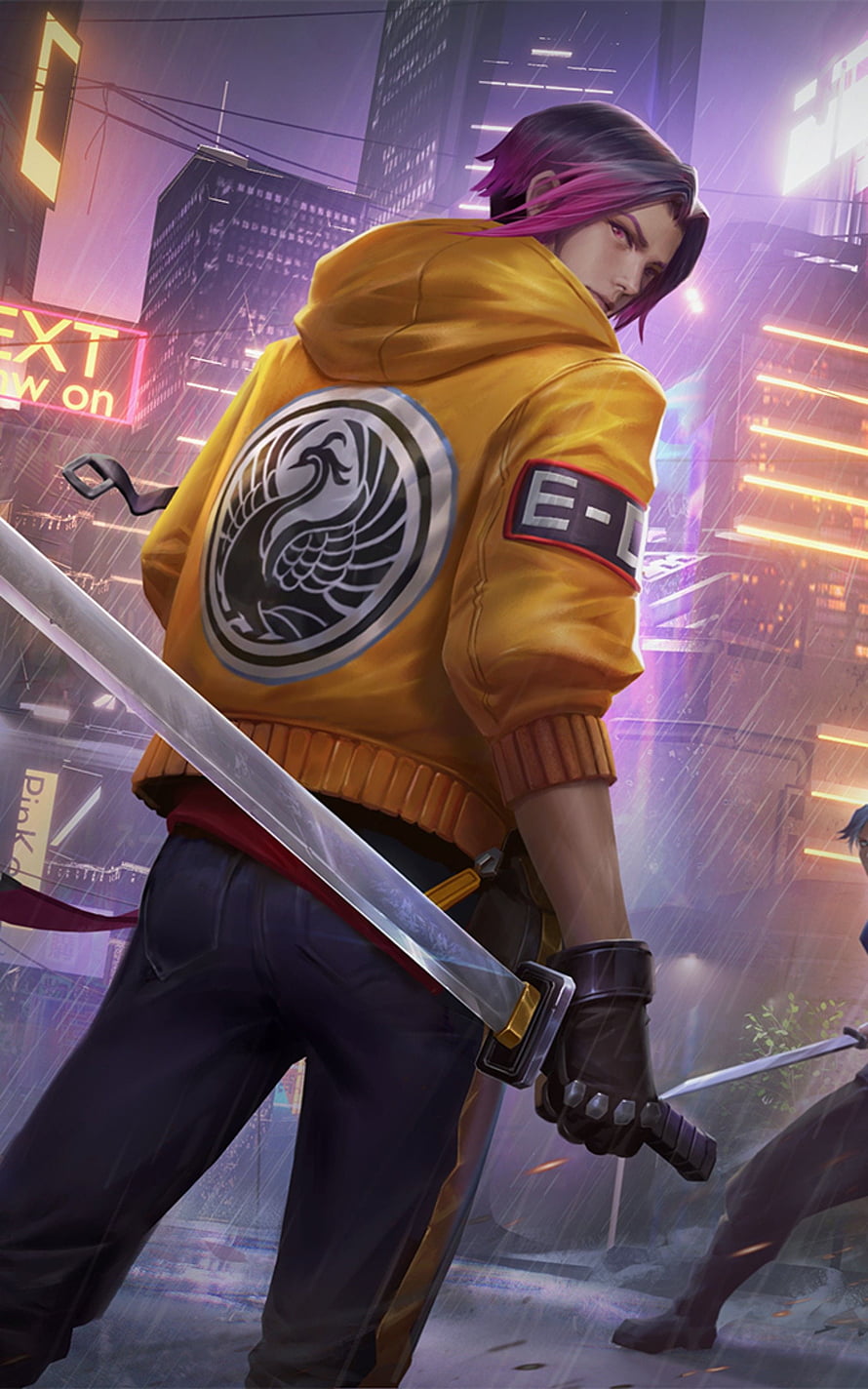 Ling from Mobile Legends: Bang Bang in a yellow hoodie wielding a katana in a neon-lit rainy city HD phone wallpaper