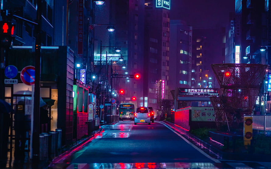Neon Lofi Night City Street with Rain-Soaked Road and Glowing Signs HD wallpaper