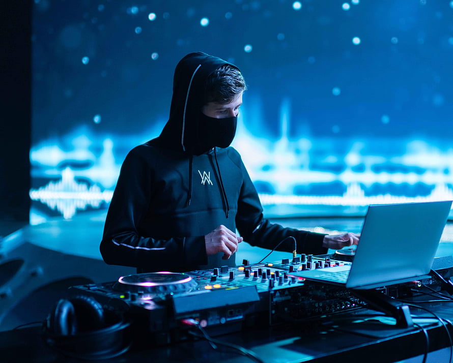 Alan Walker DJ Setup with Mixer and Laptop in Blue Neon Studio HD wallpaper