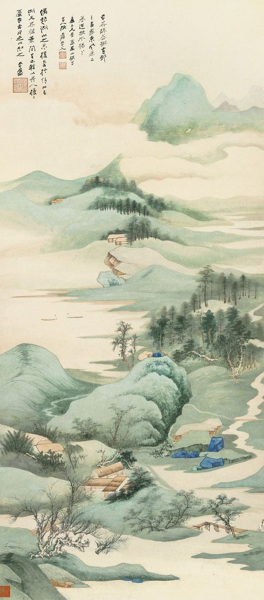 Traditional Chinese Landscape Painting with Mountains, River, and Misty Scenery HD phone wallpaper