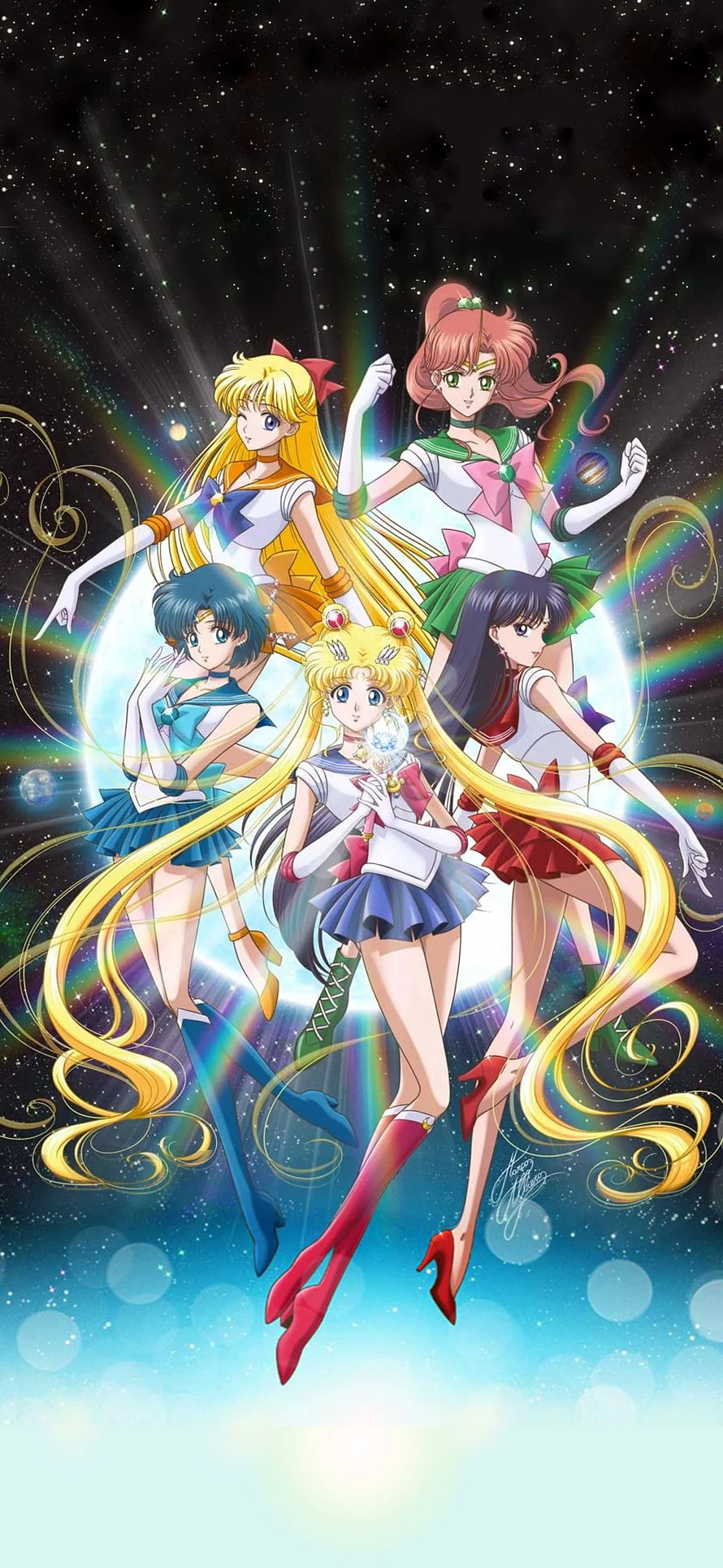 Sailor Moon, Mercury, Mars, Jupiter, and Venus in classic sailor fuku uniforms posing against a starry cosmic background HD phone wallpaper
