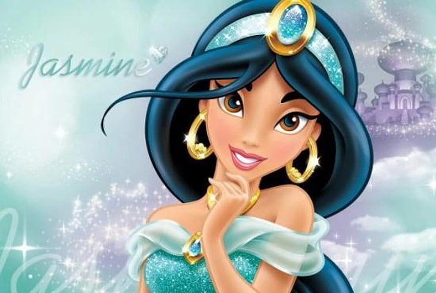 Disney Princess Jasmine in Teal Gown with Gold Jewelry and Sparkling Palace Background HD wallpaper