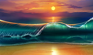 Majestic Ocean Wave at Sunset with Golden Sun and Colorful Sky HD wallpaper