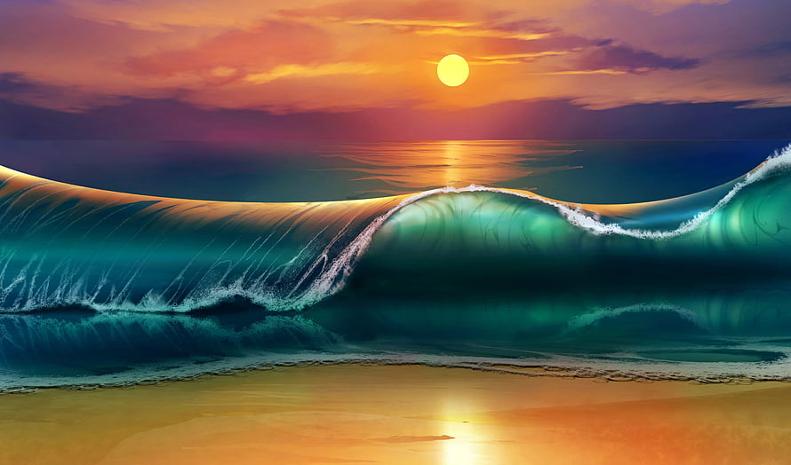 Majestic Ocean Wave at Sunset with Golden Sun and Colorful Sky HD wallpaper