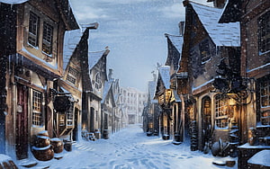 Snowy Medieval Fantasy Village Street with Warm Lanterns and Falling Snow HD wallpaper