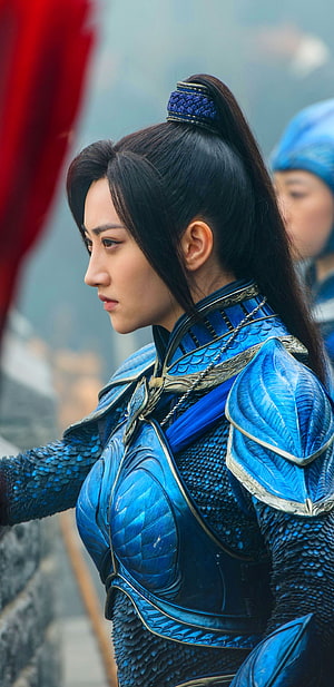 Jing Tian in ornate blue scale armor from The Great Wall film HD phone wallpaper