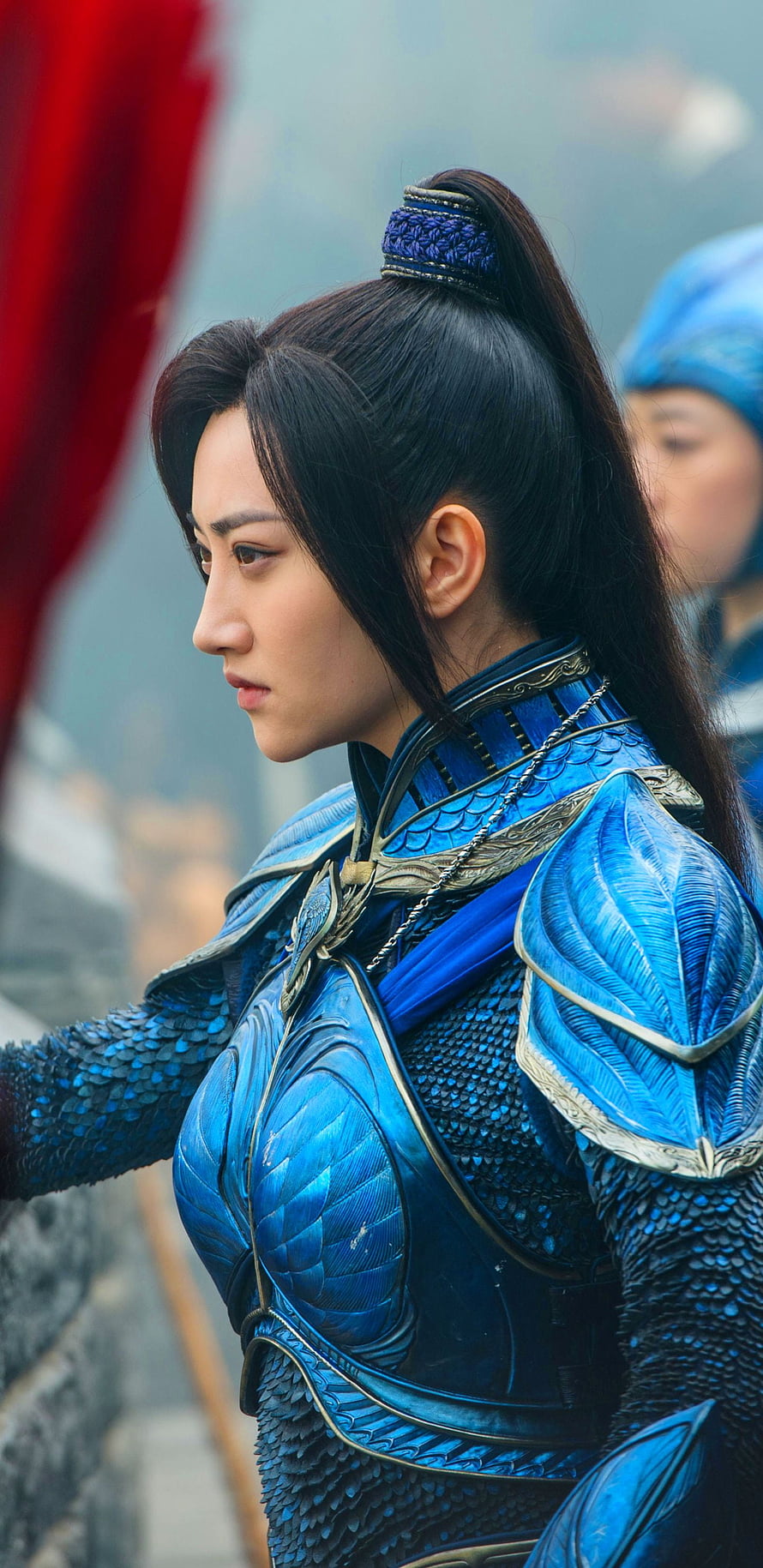 Jing Tian in ornate blue scale armor from The Great Wall film HD phone wallpaper