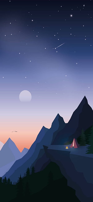 Minimalist Vector Illustration of a Mountain Campsite Under a Starry Night Sky with Moon HD phone wallpaper