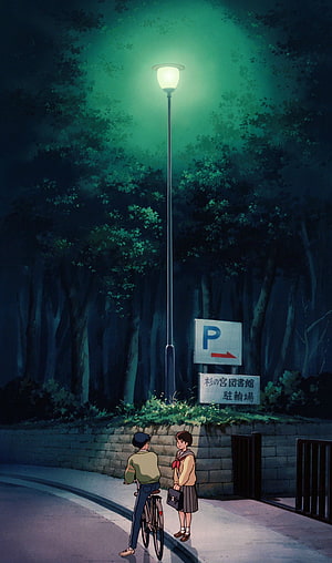 Whisper of the Heart Anime Scene with Shizuku and Seiji Under Street Lamp HD phone wallpaper