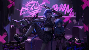 Jinx and Powder in a Neon-Soaked Alley from Arcane HD wallpaper