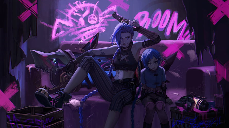 Jinx and Powder in a Neon-Soaked Alley from Arcane HD wallpaper
